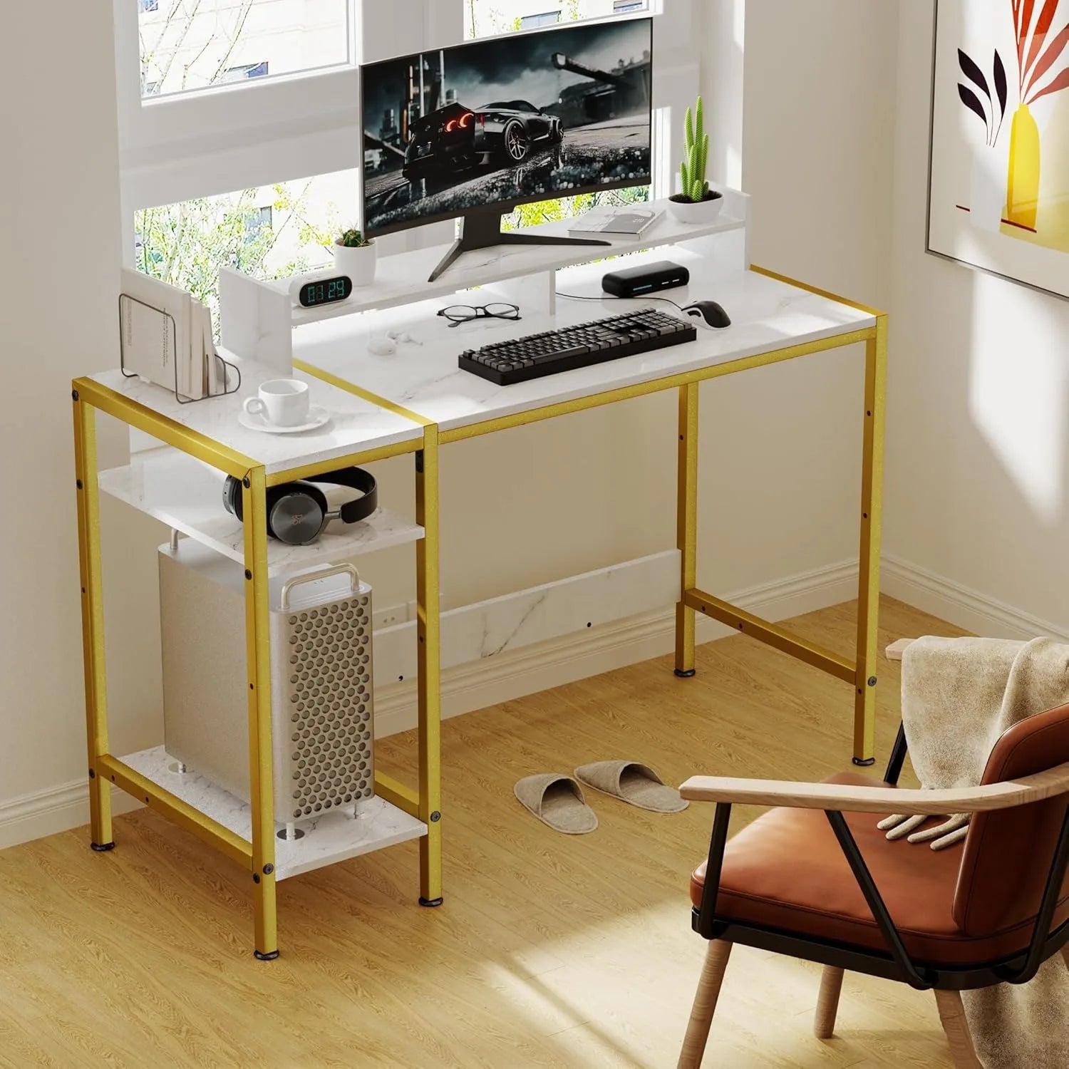 Gaming Desk with Monitor Stand & Storage – Marble Design