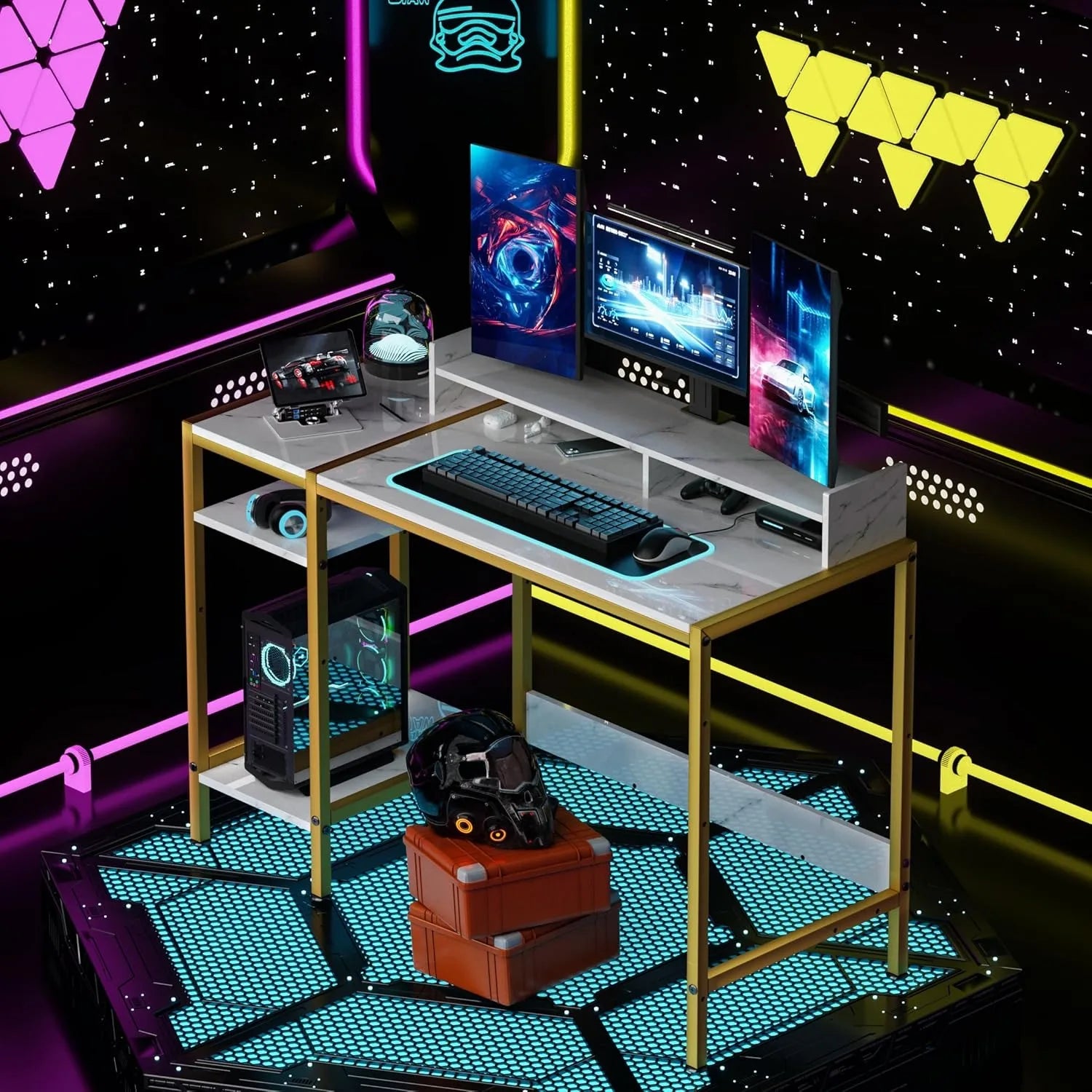 Gaming Desk with Monitor Stand & Storage – Marble Design