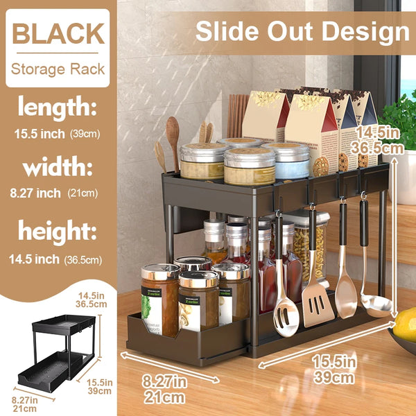 2-Tier Sliding Under Sink Organizer with Hooks