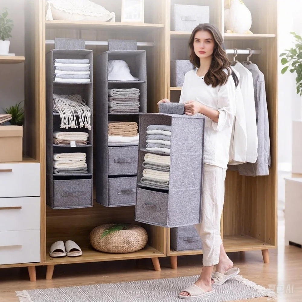 5-Layer Hanging Closet Organizer with Drawers – Cotton Linen