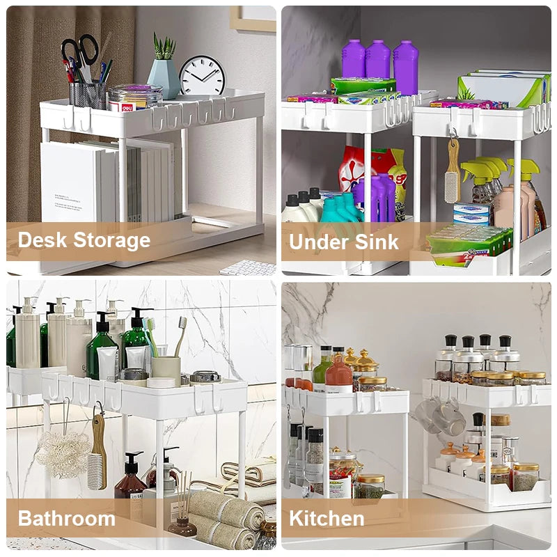 2-Tier Sliding Under Sink Organizer with Hooks