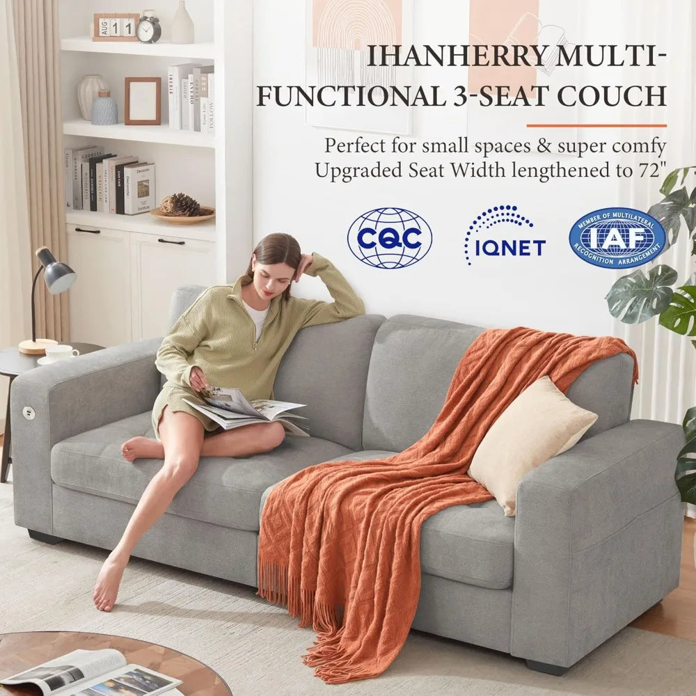 Ihanherry 3-Seat Chenille Sofa with USB/Type-C Charging