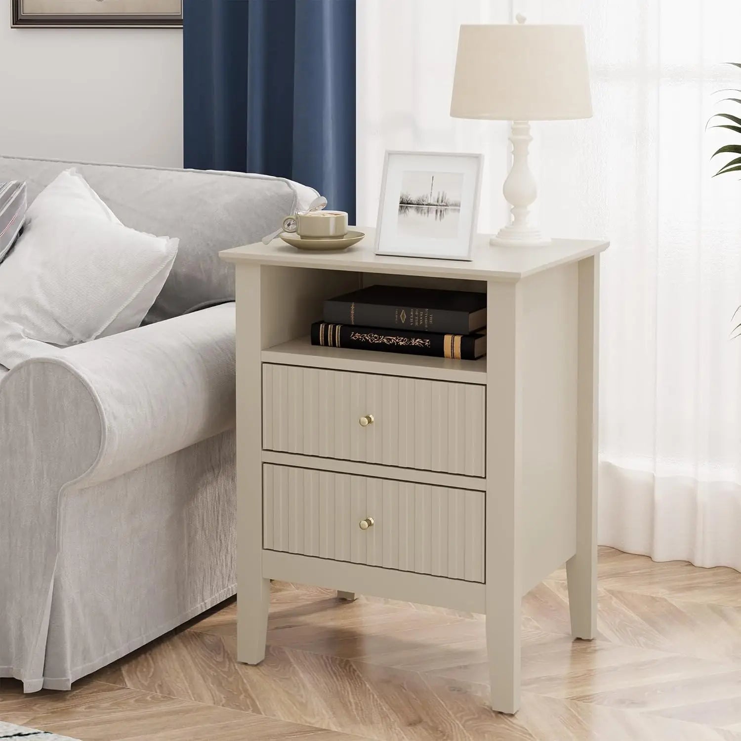 Green Fluted 2-Drawer Nightstand – Modern End Table