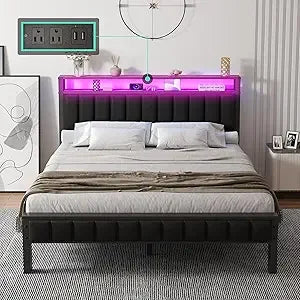 Queen LED Platform Bed Frame with Storage & Charging