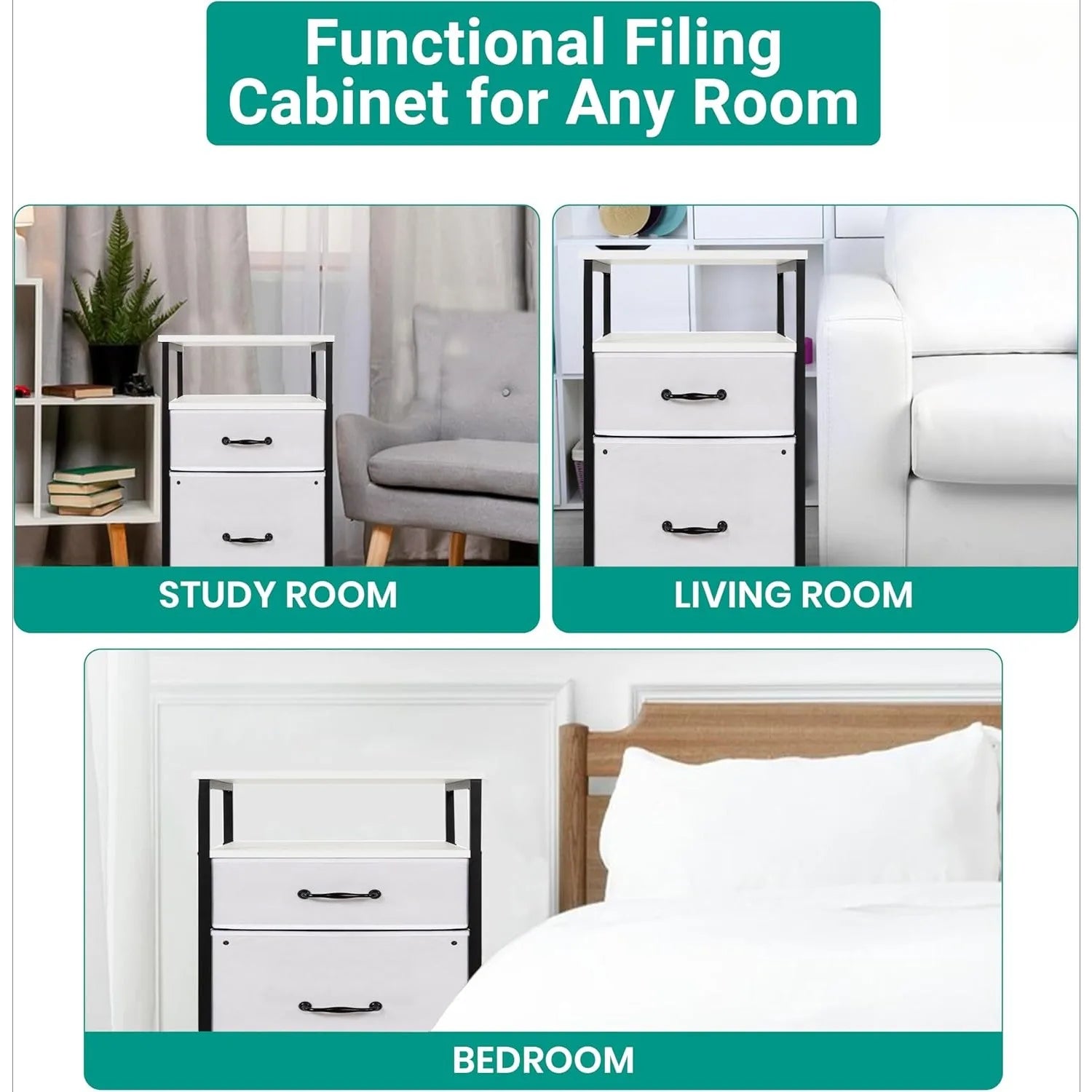 Rolling Filing Cabinet with Fabric Drawers – White