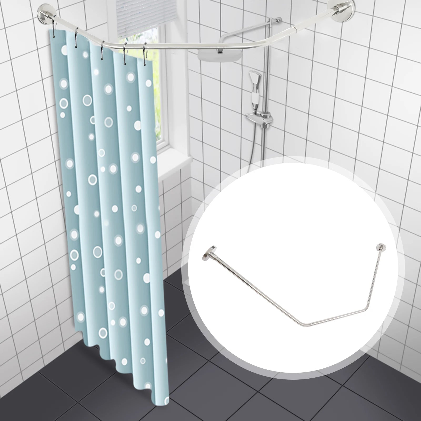 Silver Corner Shower Curtain Rod – 304 Stainless Steel