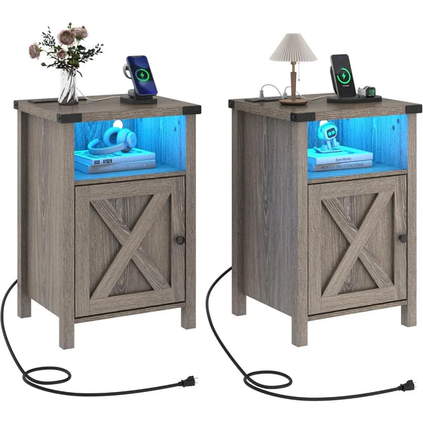 Farmhouse LED Nightstands Set of 2 with Charging Station
