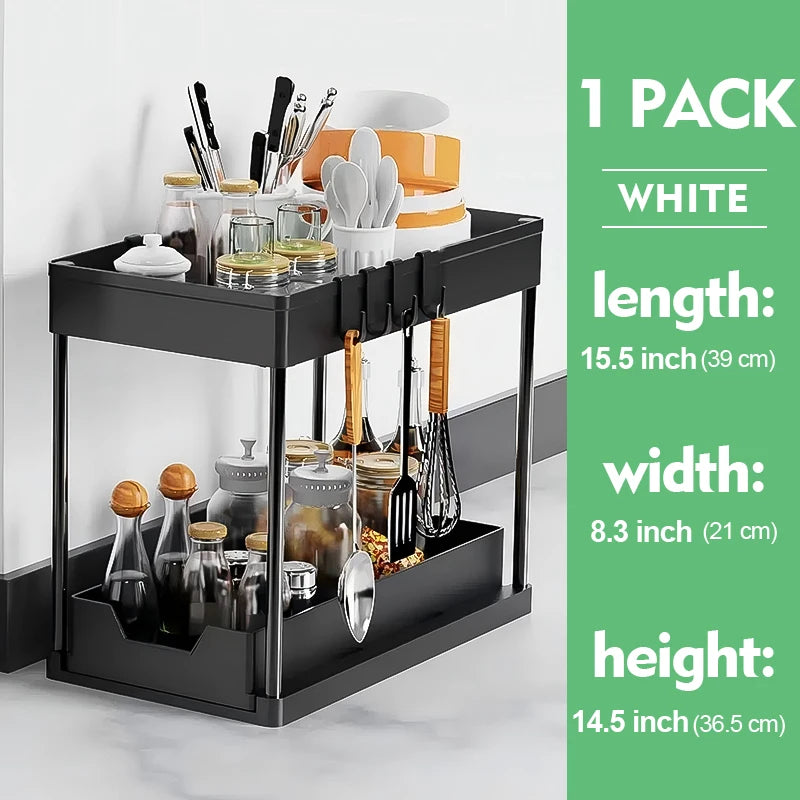 2-Tier Sliding Under Sink Organizer with Hooks