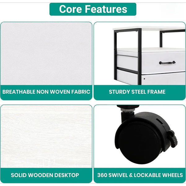 Rolling Filing Cabinet with Fabric Drawers – White