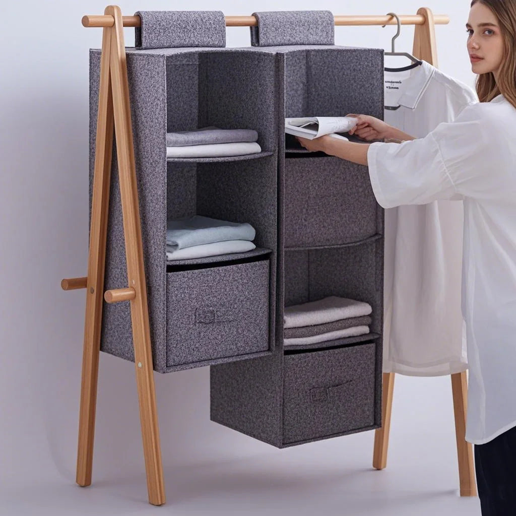 5-Layer Hanging Closet Organizer with Drawers – Cotton Linen