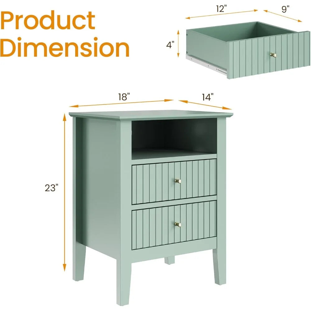Green Fluted 2-Drawer Nightstand – Modern End Table