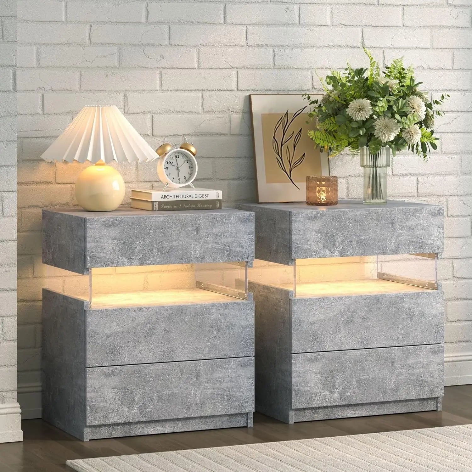 Set of 2 LED Nightstands with 3 Drawers – Modern Bedside Tables