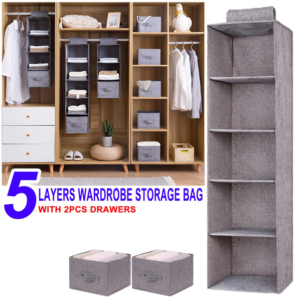 5-Layer Hanging Closet Organizer with Drawers – Cotton Linen