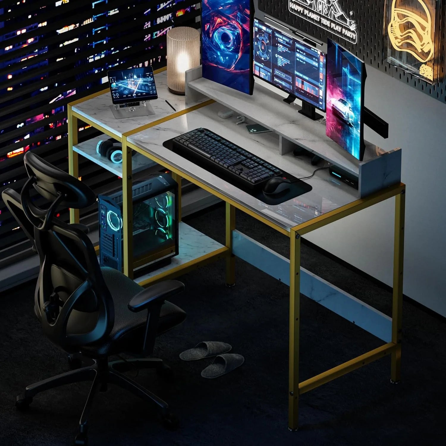 Gaming Desk with Monitor Stand & Storage – Marble Design