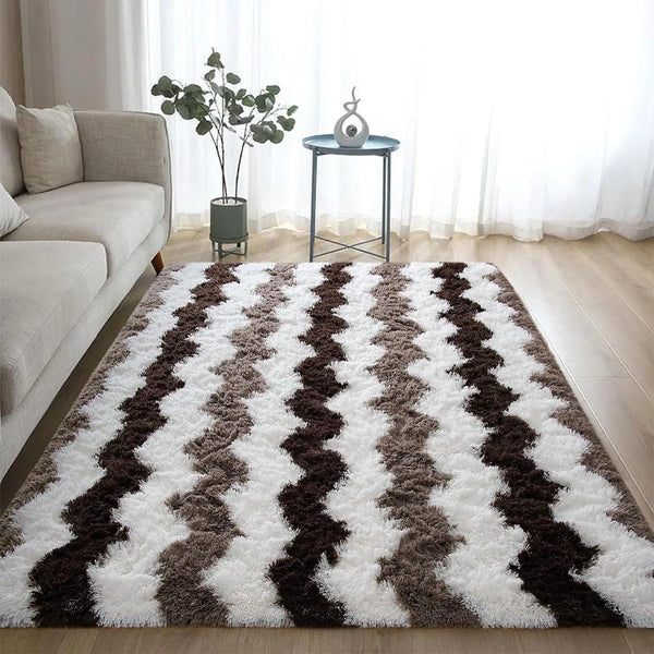 Soft Shaggy Plush Rug 5x8ft – Brown Stripe