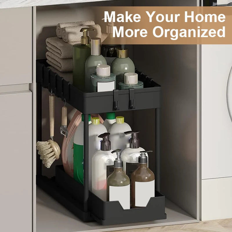 2-Tier Sliding Under Sink Organizer with Hooks