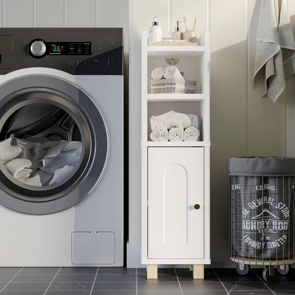 Slim White Bathroom Cabinet with Door & Shelves