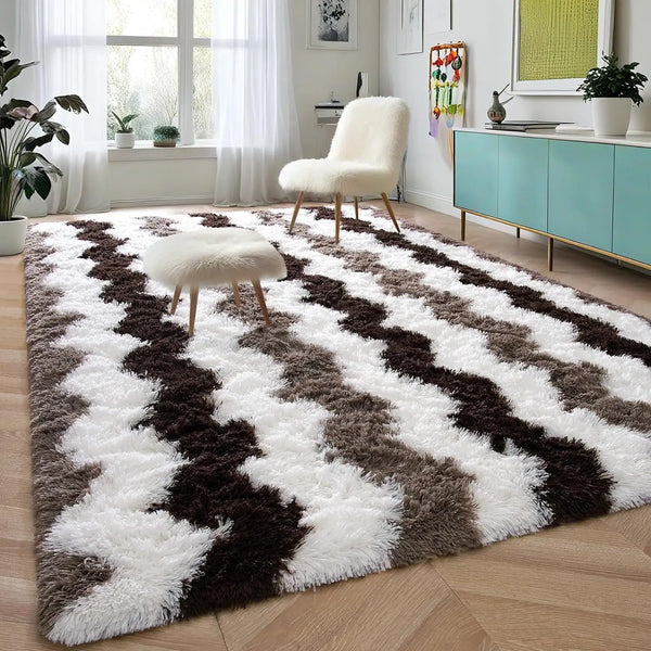 Soft Shaggy Plush Rug 5x8ft – Brown Stripe