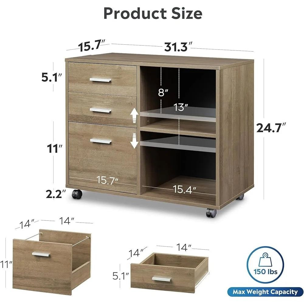 3-Drawer Rolling File Cabinet with Printer Stand