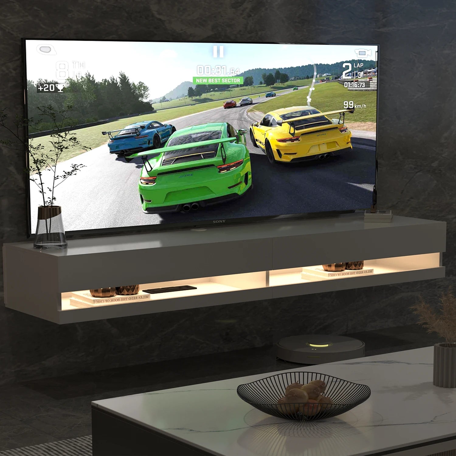 71" Floating TV Stand with LED & Storage – Fits 75/80" TVs