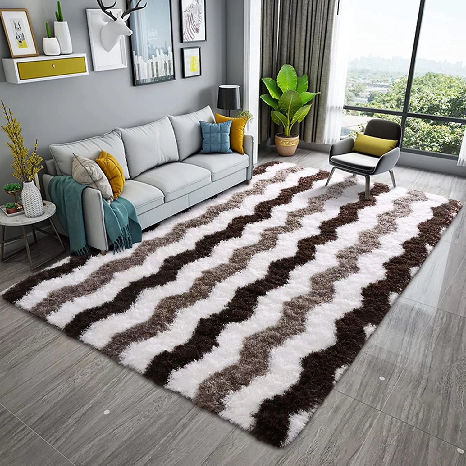 Soft Shaggy Plush Rug 5x8ft – Brown Stripe