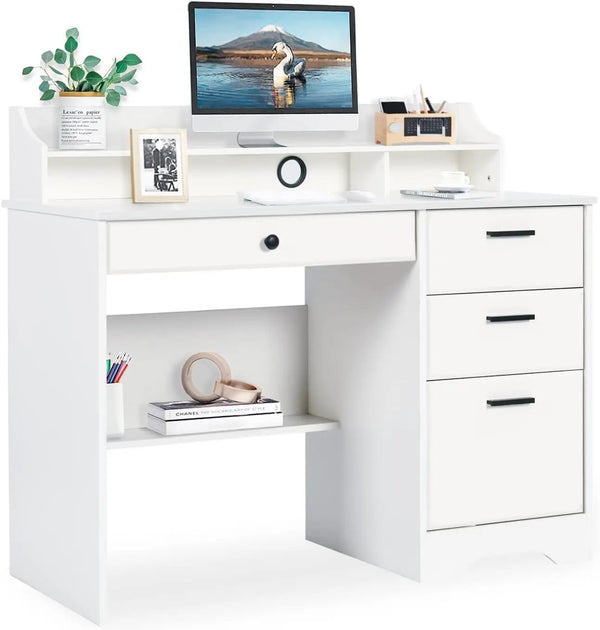 White Home Office Desk with Drawers & Hutch