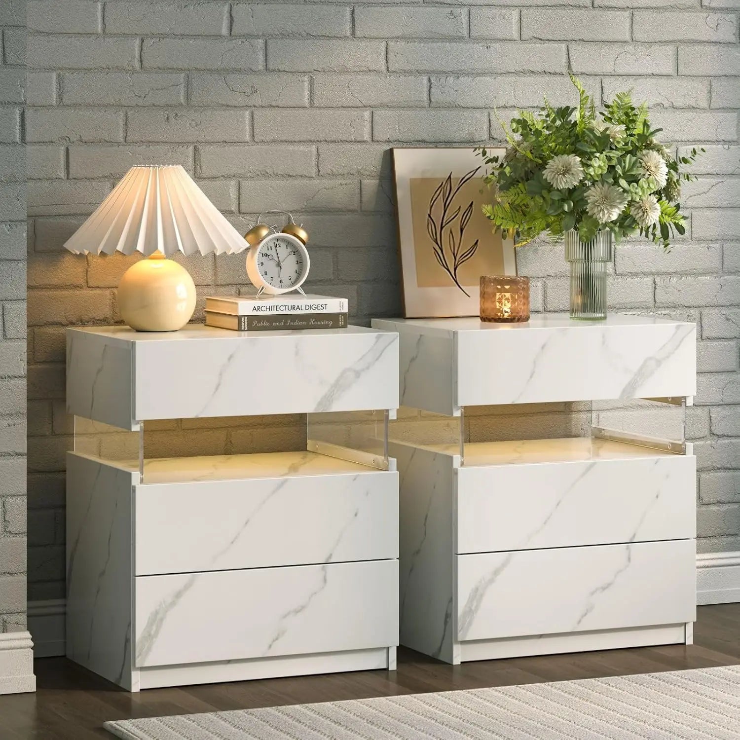 Set of 2 LED Nightstands with 3 Drawers – Modern Bedside Tables