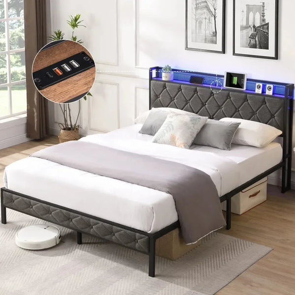 Full Upholstered Platform Bed with Storage Headboard & LED