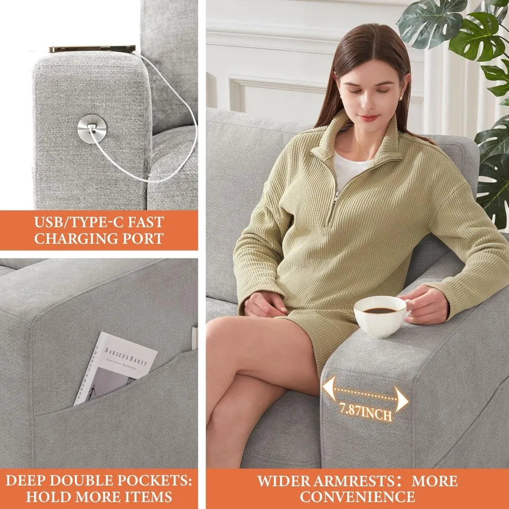 Ihanherry 3-Seat Chenille Sofa with USB/Type-C Charging