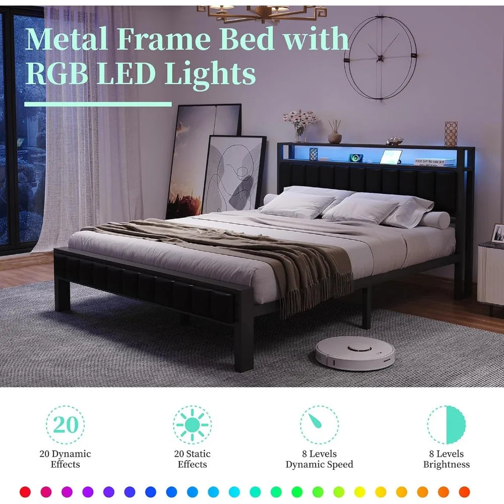 Queen LED Platform Bed Frame with Storage & Charging