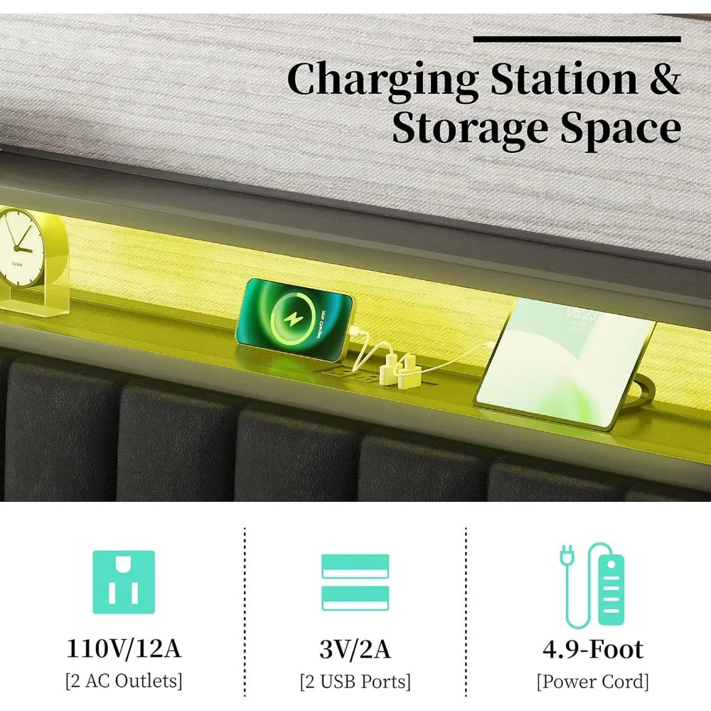 Queen LED Platform Bed Frame with Storage & Charging