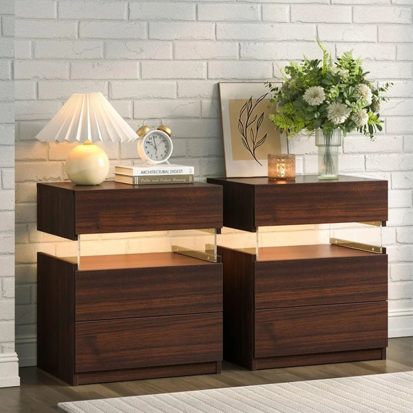 Set of 2 LED Nightstands with 3 Drawers – Modern Bedside Tables