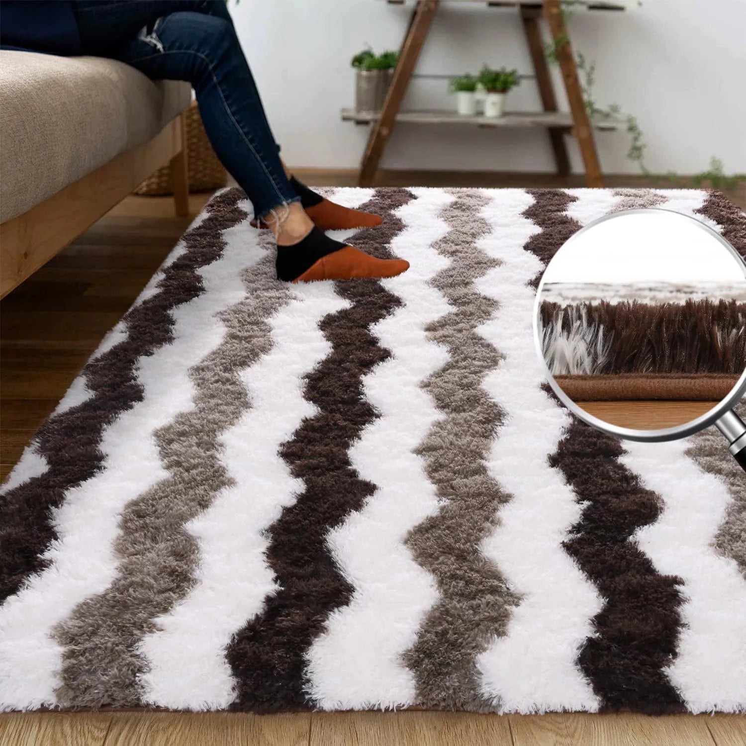 Soft Shaggy Plush Rug 5x8ft – Brown Stripe