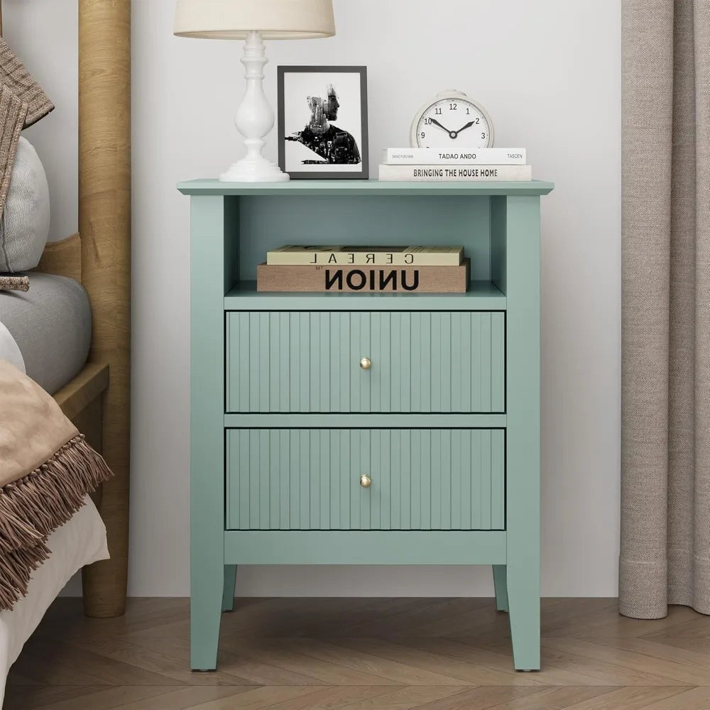 Green Fluted 2-Drawer Nightstand – Modern End Table