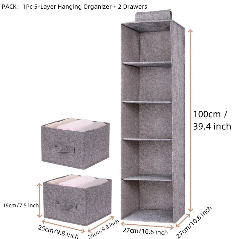 5-Layer Hanging Closet Organizer with Drawers – Cotton Linen