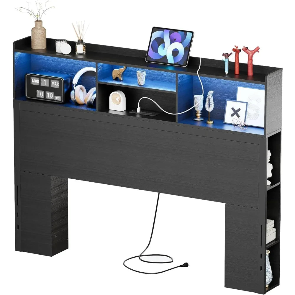 Queen/Full Bookcase Headboard with LED & Charging Station