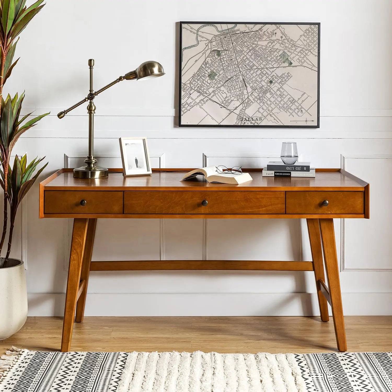 Mid-Century Home Office Desk with Charging Station