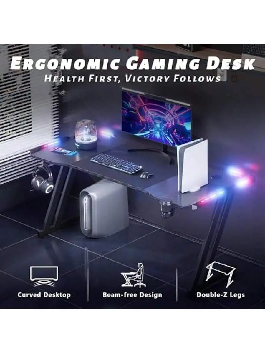 HLDIRECT 55" Gaming Desk with LED Lights