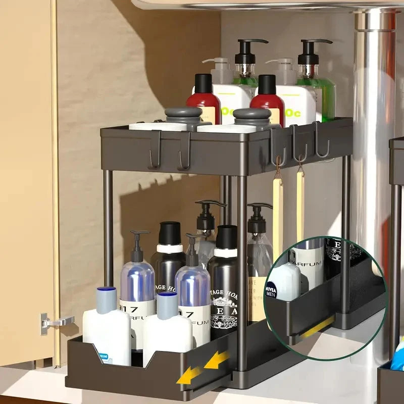 2-Tier Sliding Under Sink Organizer with Hooks