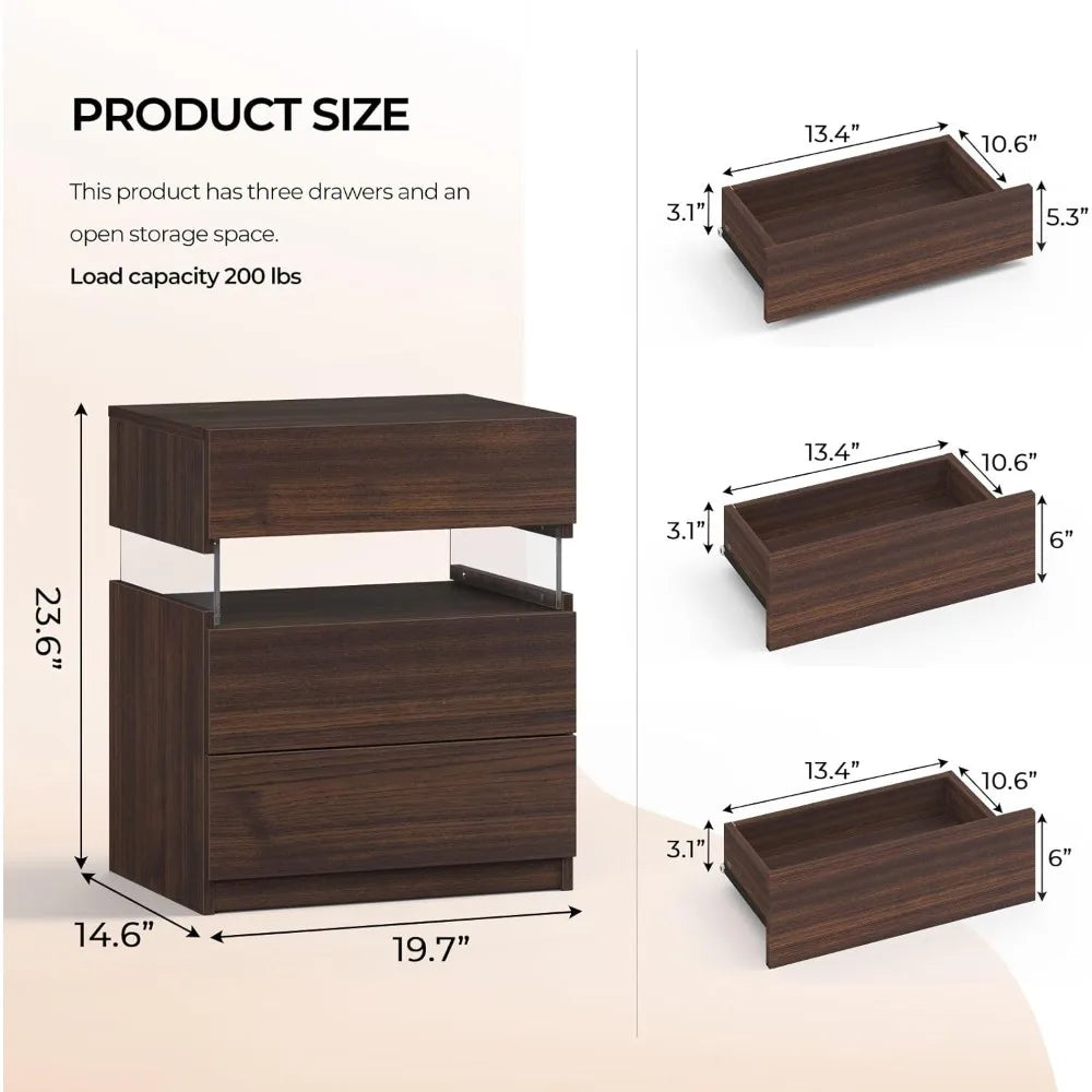 Set of 2 LED Nightstands with 3 Drawers – Modern Bedside Tables