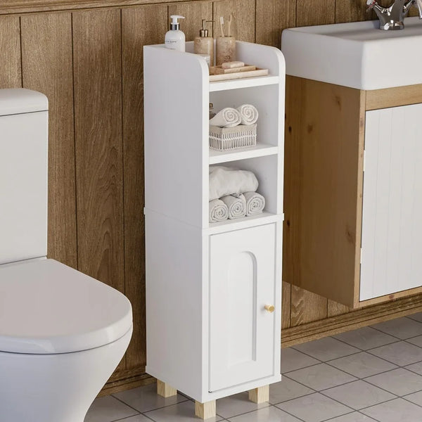 Slim White Bathroom Cabinet with Door & Shelves