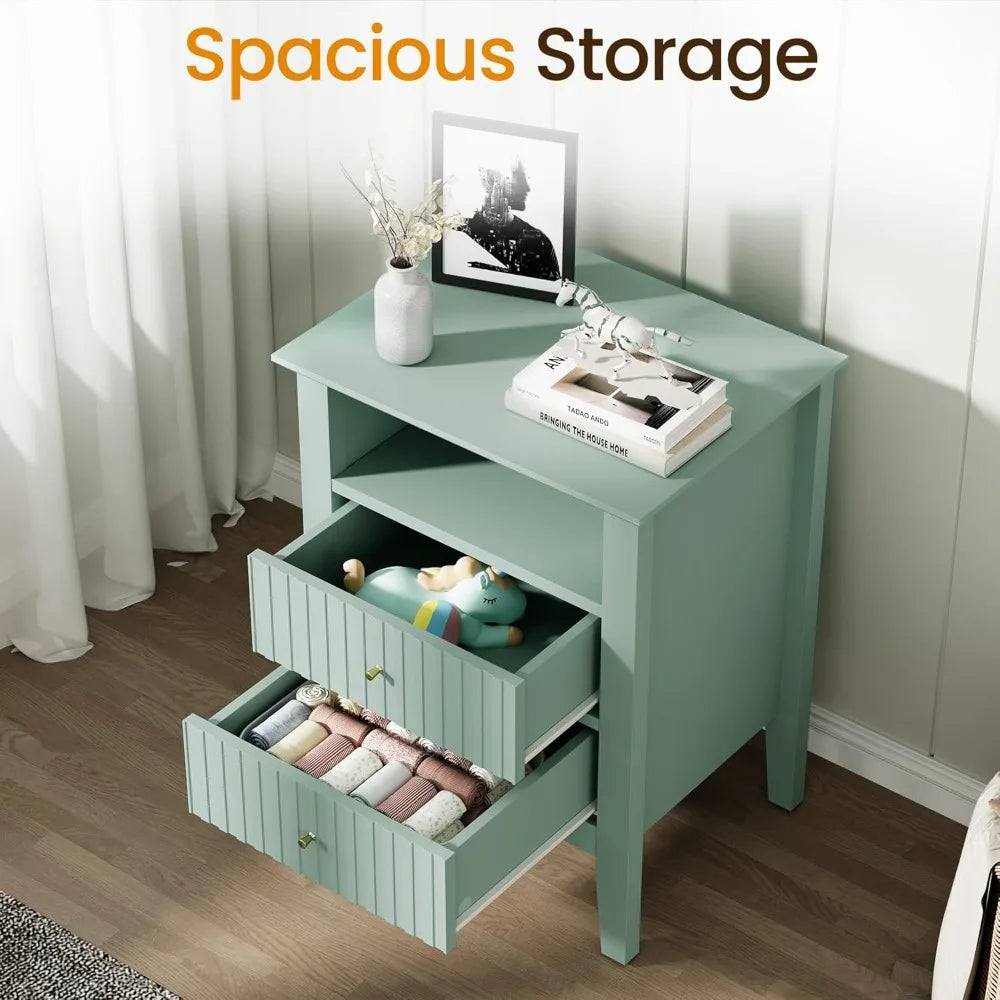 Green Fluted 2-Drawer Nightstand – Modern End Table